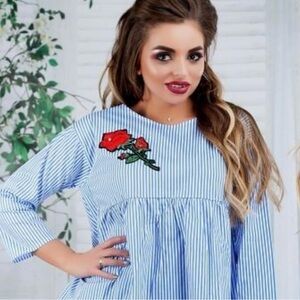 Ina Blue Striped Blouse with Red Floral Detail